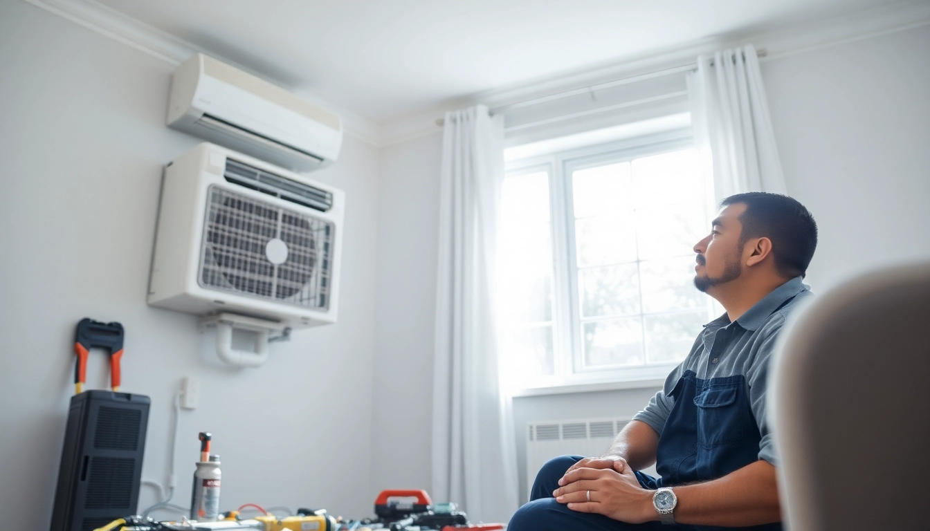HVAC repair Waccabuc technicians servicing an air conditioning unit in a bright living room setting.