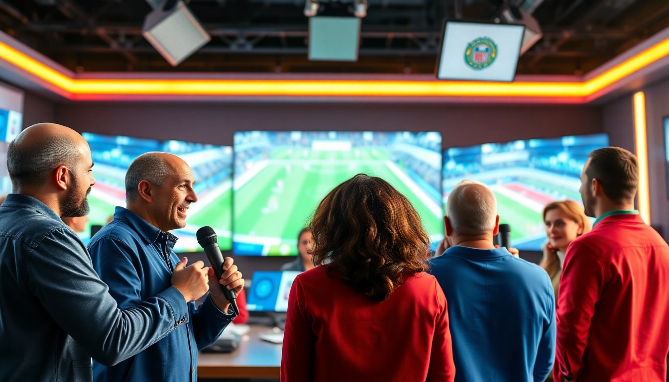 Dynamic scene of sports broadcasting with hosts engaging on-air, showcasing excitement in the studio.