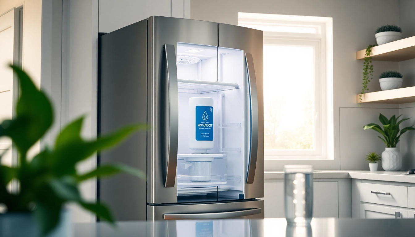 Waterdrop Replacement for GE® RPWFE® water filter showcased in a modern kitchen setting.