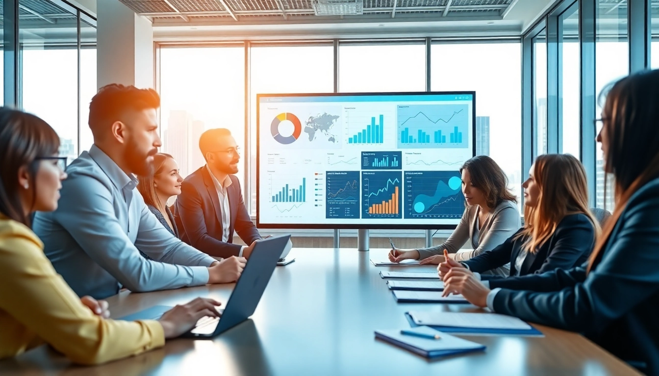 Professionals analyzing competitive intelligence data during a meeting.