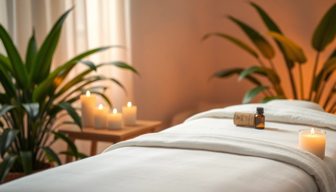 Relaxation scene of 출장마사지 with a massage table, candles, and essential oils.