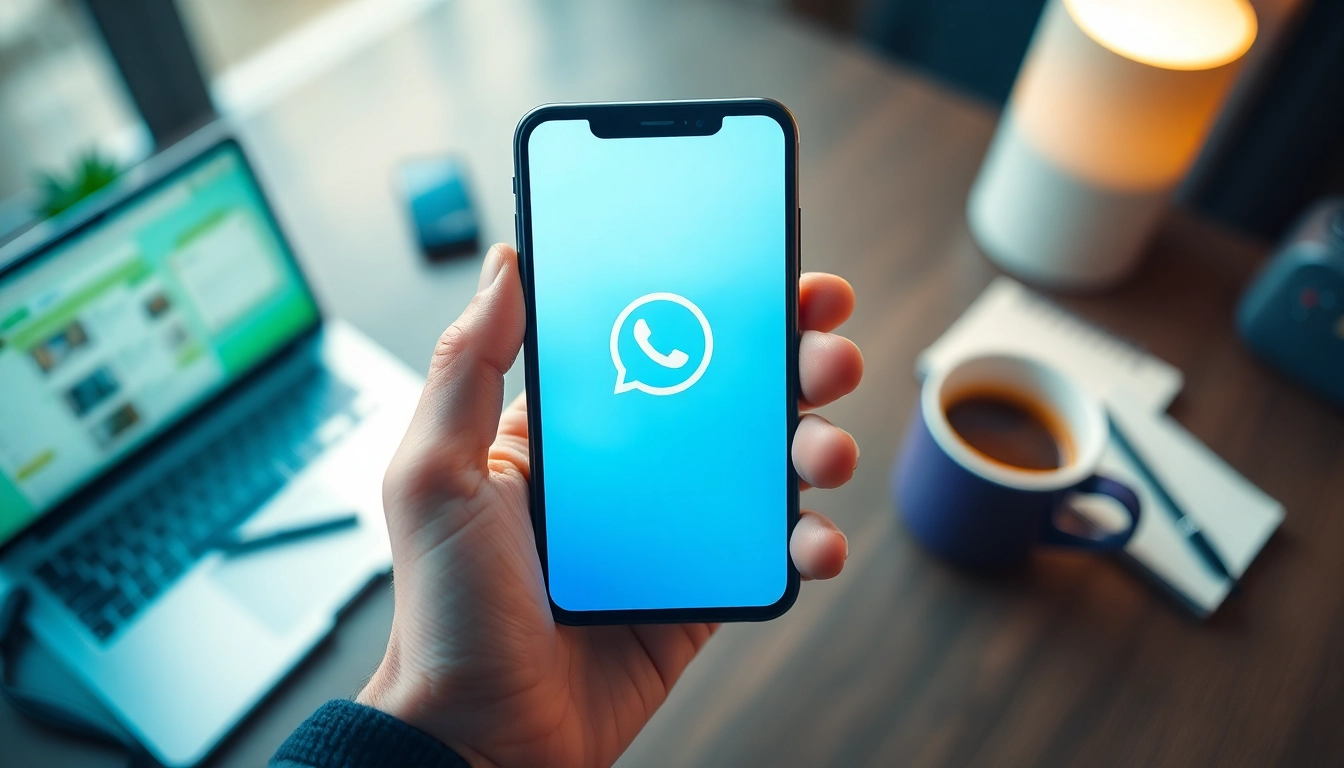 GB WhatsApp app displayed on a smartphone in a modern workspace setting, showcasing its features and user-friendly interface.