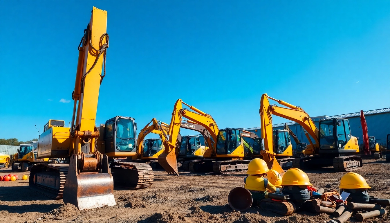 Rent excavators for efficient construction projects with modern machinery on display.
