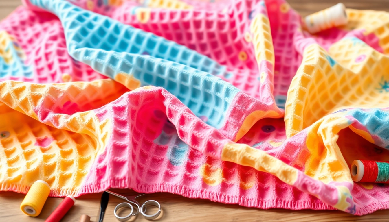 Wafel katoenen stof in verschillende kleuren met naaiaccessoires op tafel.