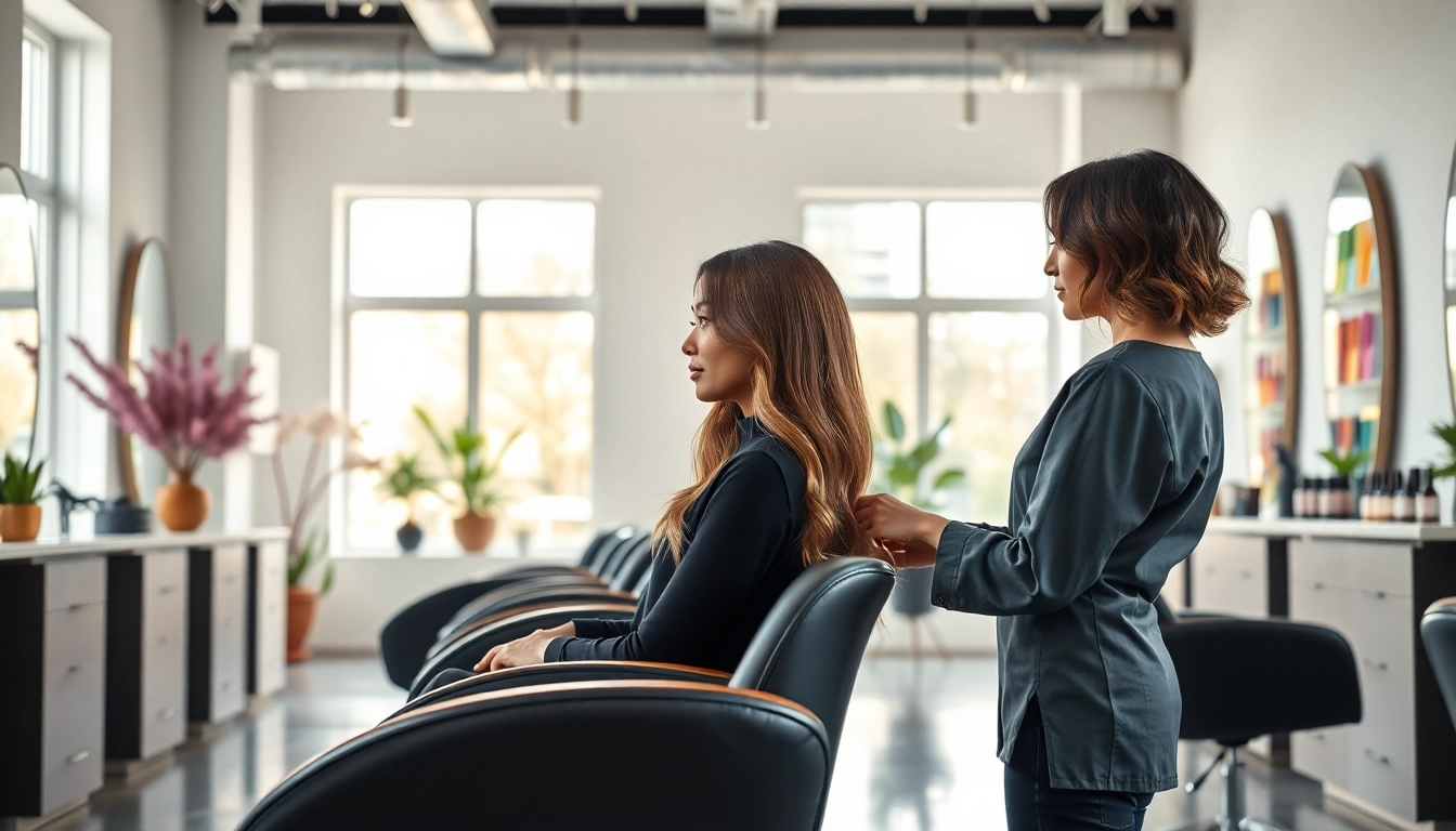 Client receiving a haircut at a salon de coafura with vibrant colors and a professional atmosphere.