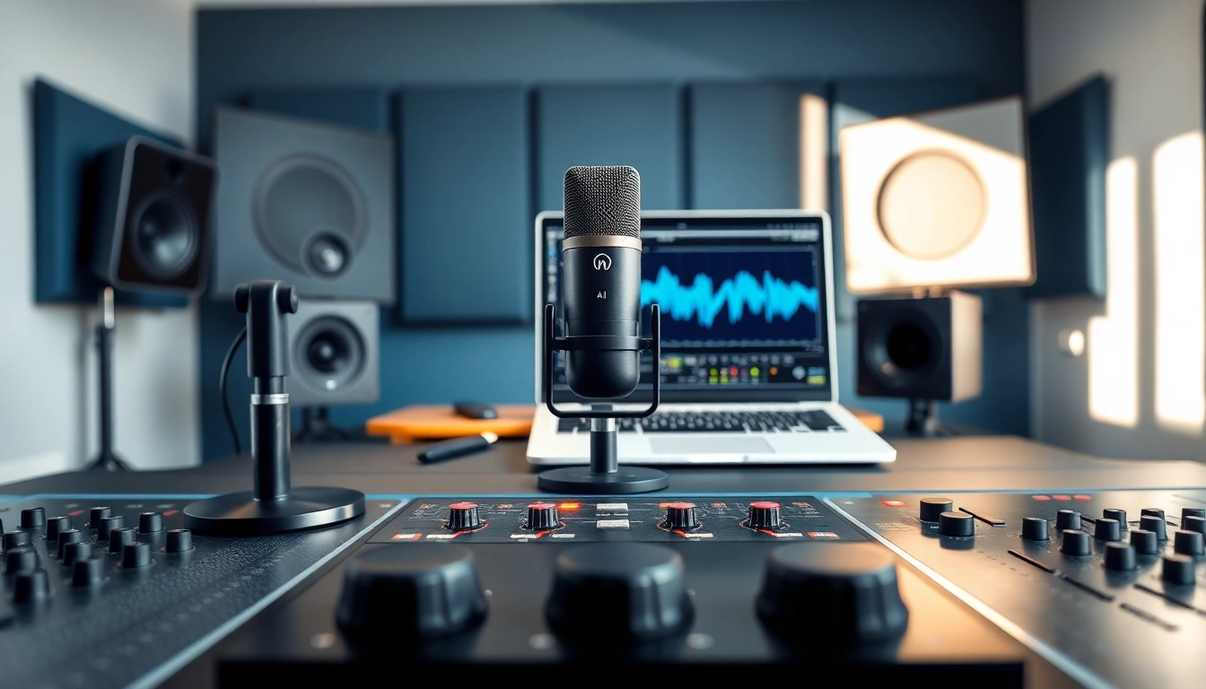 Generate dynamic audio content with AI Voice technology in a modern studio setup.