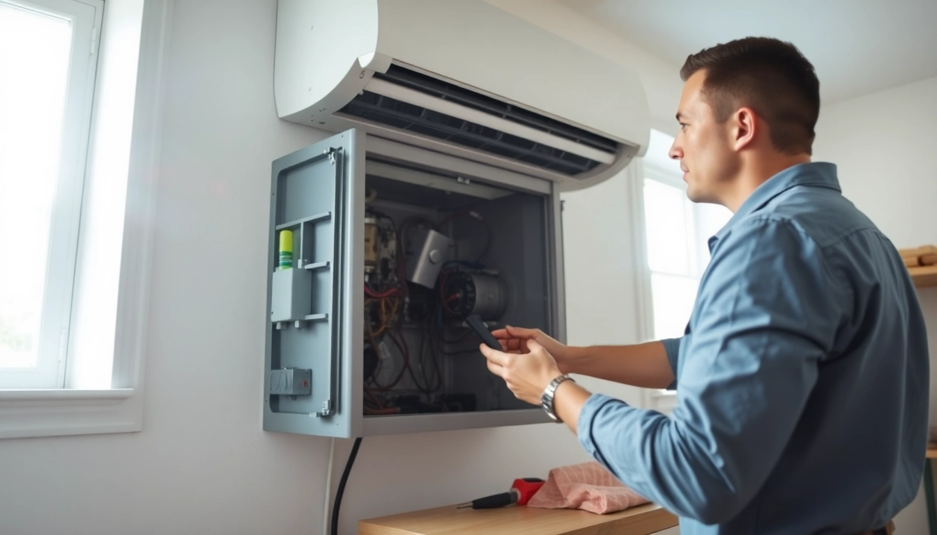 Technician conducting air conditioning repair Canada in a well-lit space with tools.