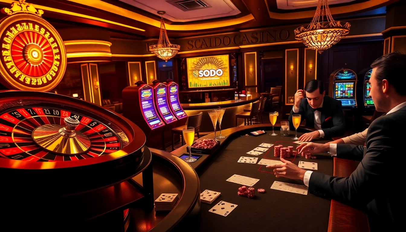 SODO CASINO gaming scene with roulette and poker tables, capturing the thrill of luxurious gambling.