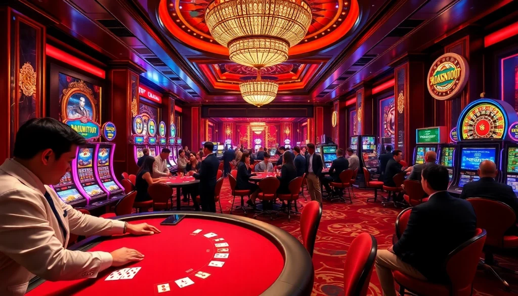 Stunning casino scene showcasing https://sodo66vn.com's vibrant gambling activities with modern slot machines and card games.