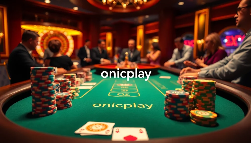 Engage with onicplay at a luxurious casino poker table featuring vibrant chips and cards.