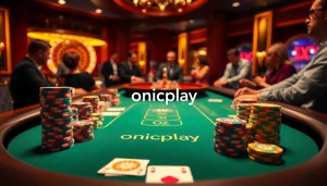 Engage with onicplay at a luxurious casino poker table featuring vibrant chips and cards.