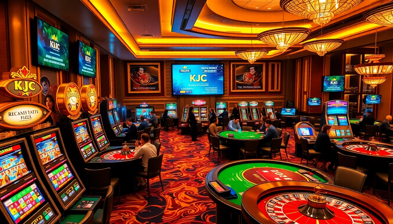 KJC Vietnam showcases a vibrant casino scene with excited players at slot machines and roulette tables.