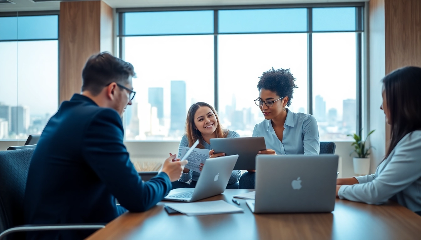 Engage with a team to find a job board for sales roles in a modern office setting.