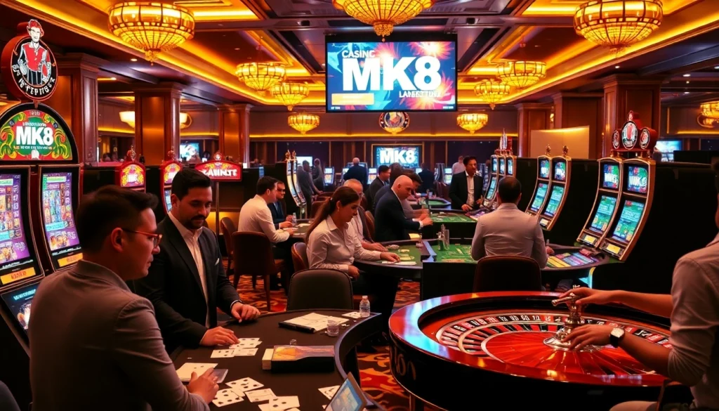 Players engaging with slot machines and poker tables at MK8 casino, experiencing high-stakes excitement.