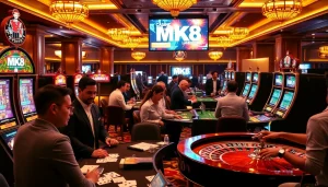 Players engaging with slot machines and poker tables at MK8 casino, experiencing high-stakes excitement.