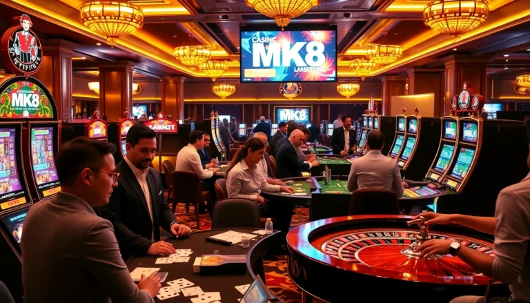 Players engaging with slot machines and poker tables at MK8 casino, experiencing high-stakes excitement.