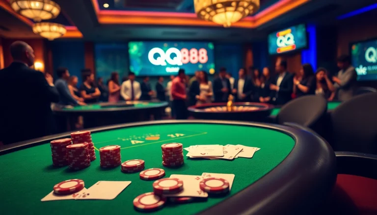 Exciting casino setup showcasing Nhà cái QQ88 with poker chips and roulette wheel.