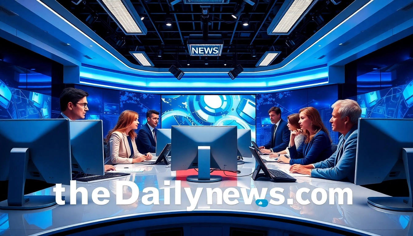 Capture a vibrant news team at https://www.thedailynewsonline.com in action within a sleek, modern newsroom.