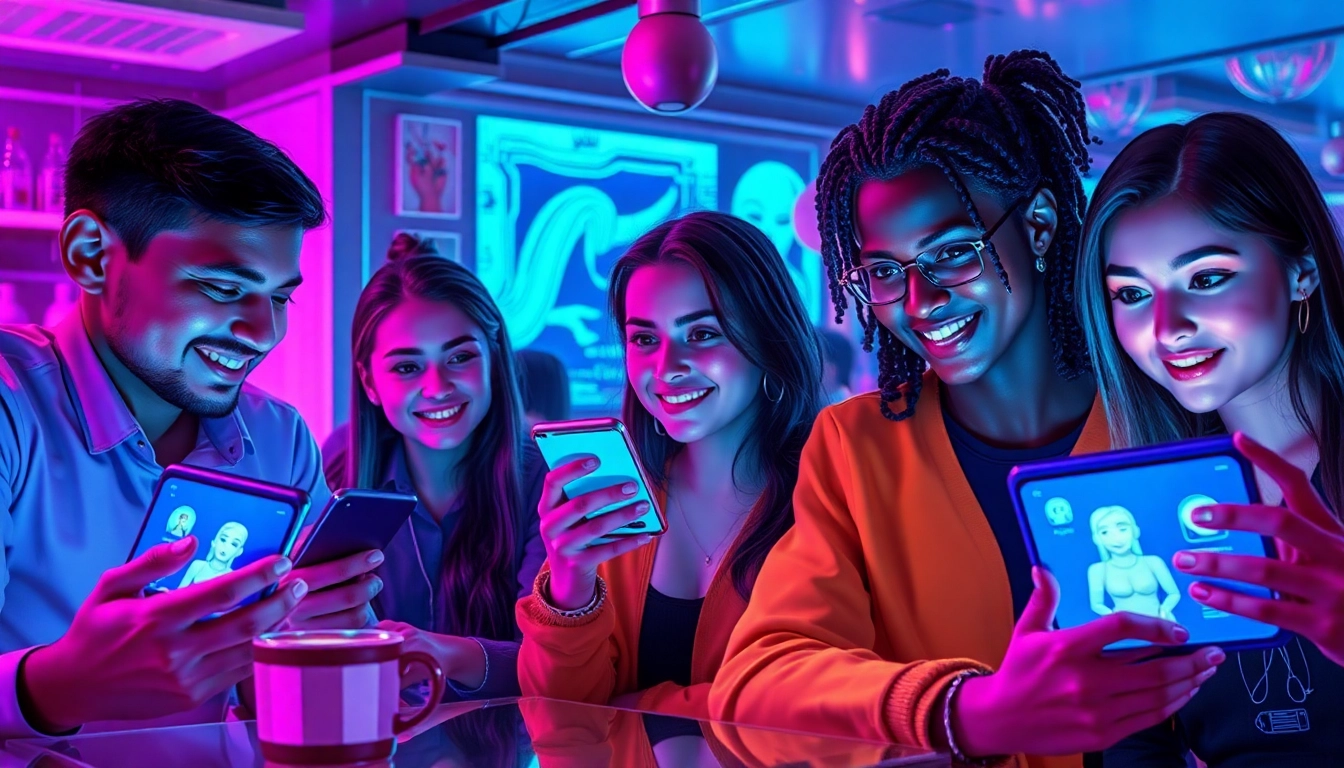 Engaging scene depicting users interacting with NSFW AI chat in a futuristic café.