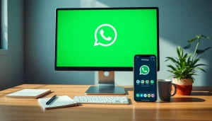 WhatsApp网页版在现代办公环境中显示在电脑屏幕上，旁边有智能手机和办公用品。