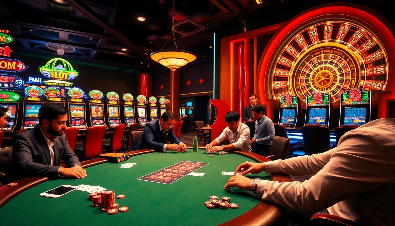 Experience the thrill of gambling with kết quả bóng đá illustrated in an exciting casino scene featuring poker and slots.