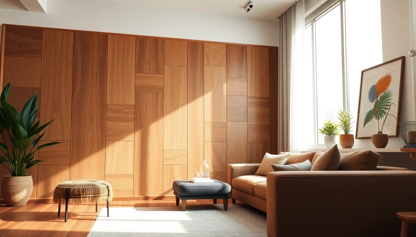Stylish wall paneling enhances the modern living room's aesthetic with natural tones.