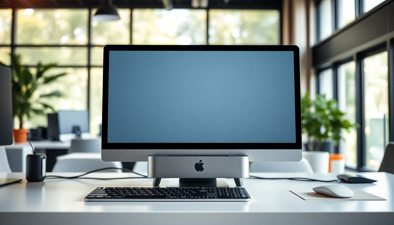 Configuración de trabajo moderna con un Mac Mini M2 en un escritorio minimista.