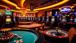 Engaging gaming atmosphere at Haywin casino featuring vibrant slots and poker tables.