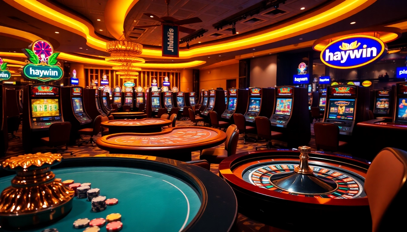 Engaging gaming atmosphere at Haywin casino featuring vibrant slots and poker tables.