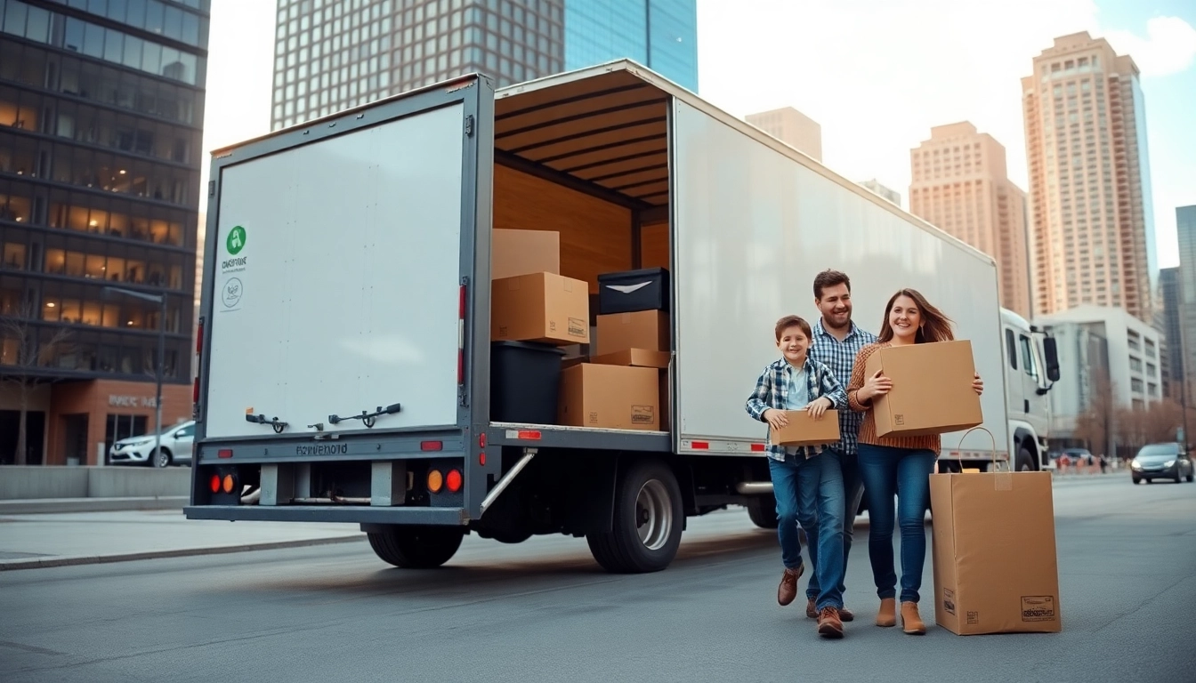 Long distance movers Calgary efficiently loading a truck with boxes and furniture in an urban setting.
