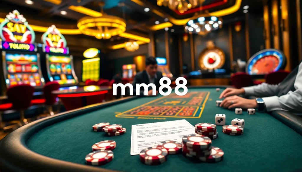Players strategizing at a poker table in a luxurious casino, connecting to https://mm88.co.in/ for thrilling gambling.