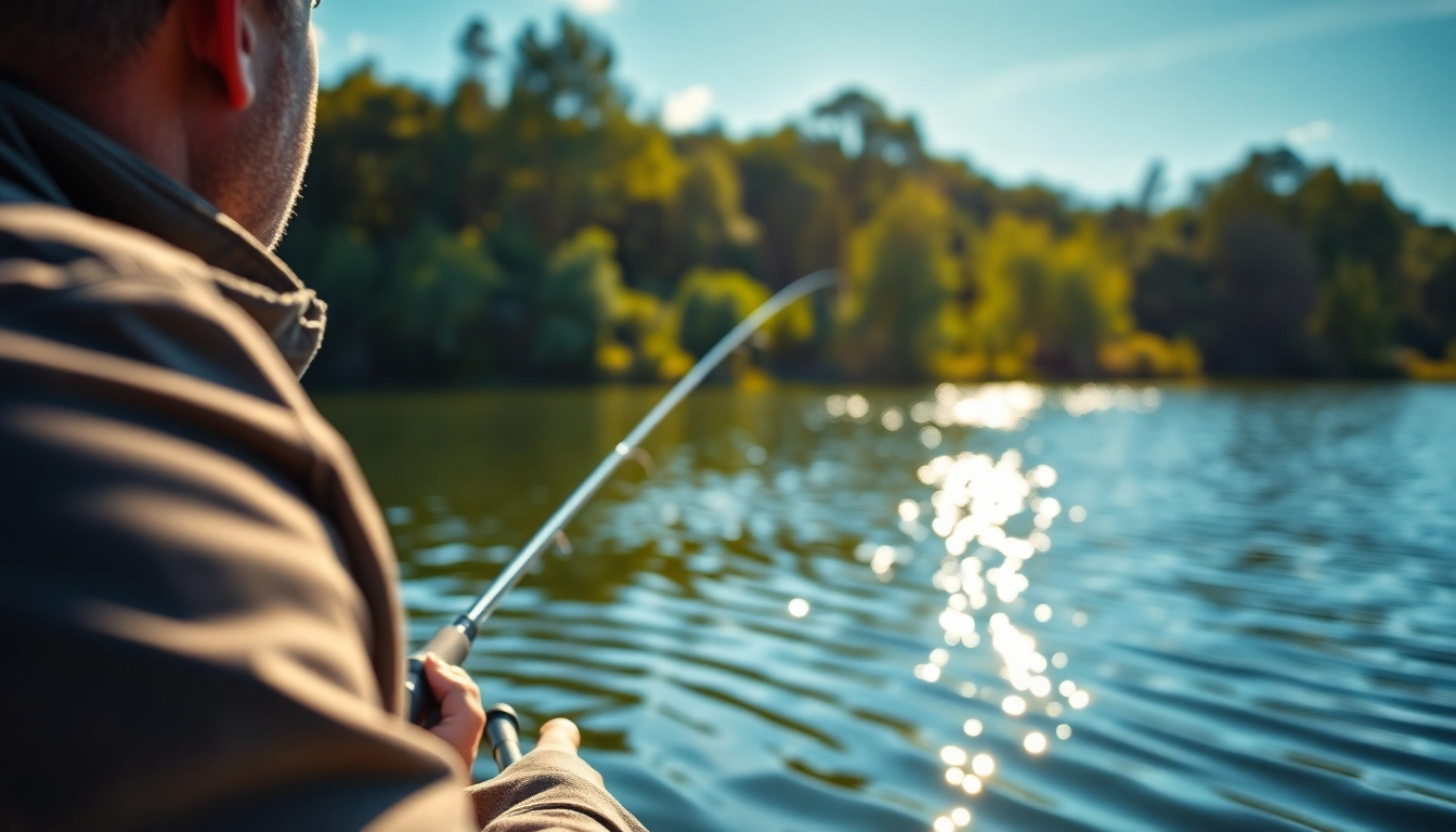 Engaging scene of fly fishing for bass with an angler in action on a picturesque lake.