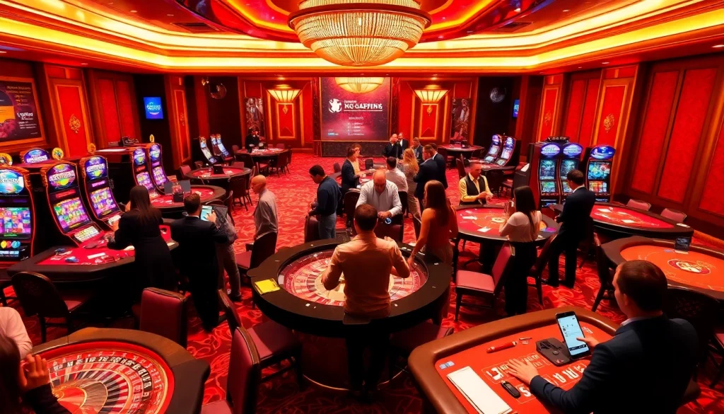 Experience luxury gambling at https://ok88.tech/ with players excitedly betting at poker tables and slot machines.