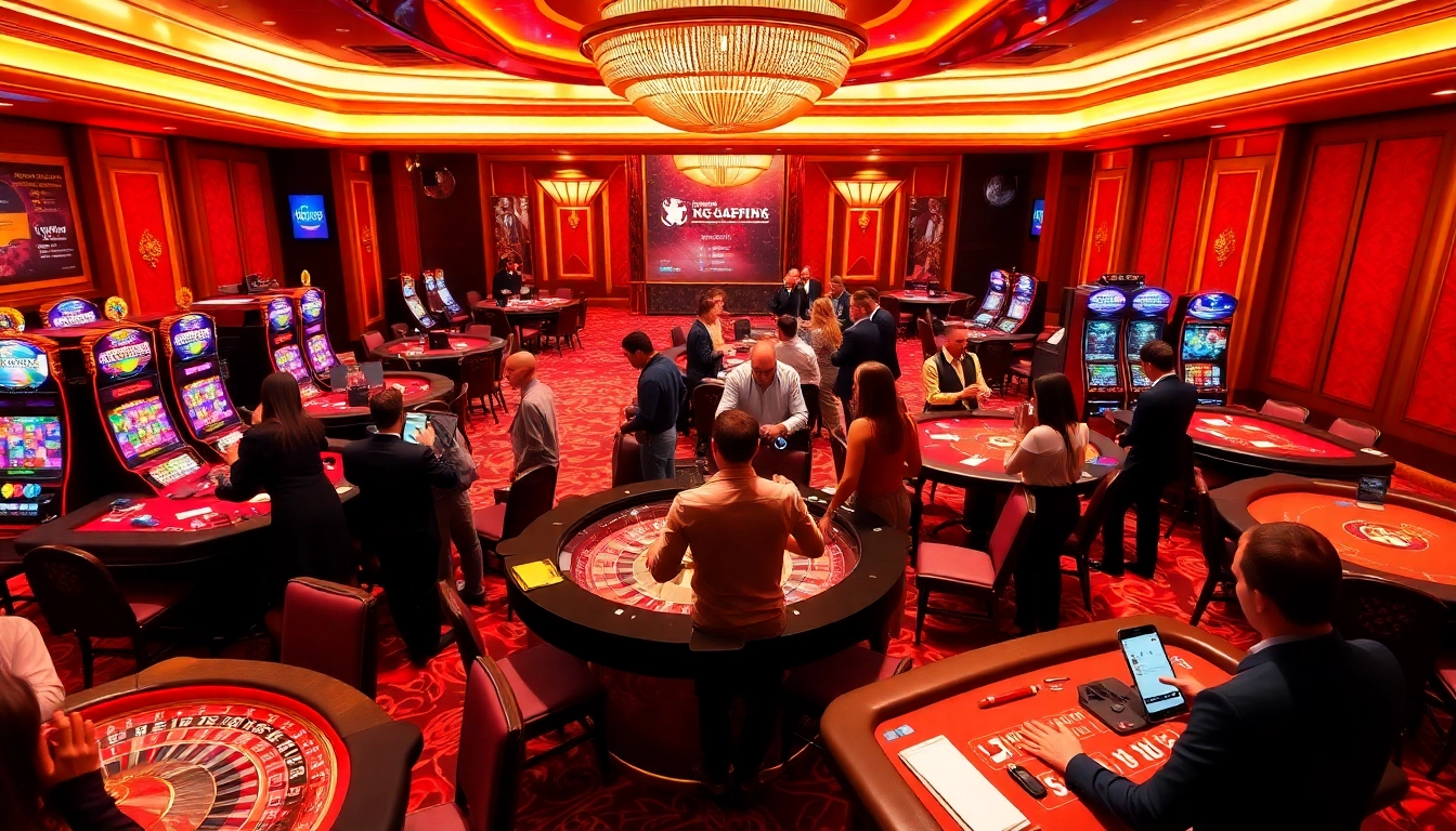 Experience luxury gambling at https://ok88.tech/ with players excitedly betting at poker tables and slot machines.