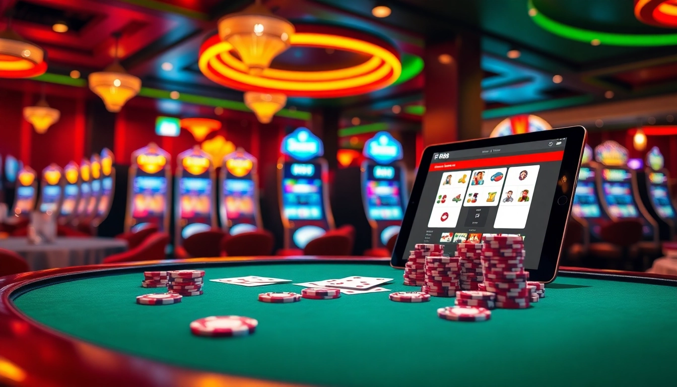 RR88 gaming scene showcasing poker chips, cards, and vibrant slot machines.