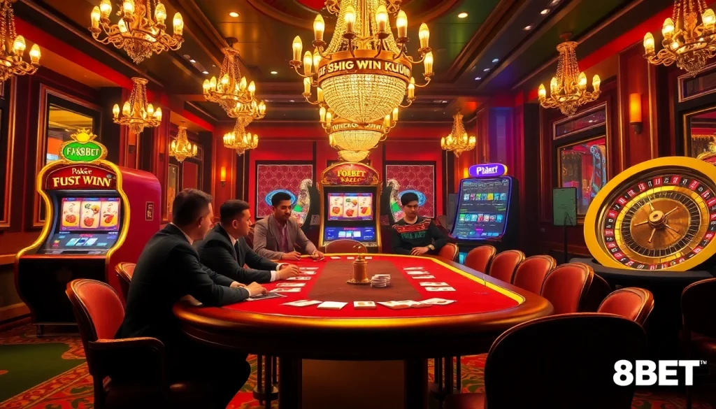F8BET players experiencing high stakes at a luxurious poker table in an upscale casino.