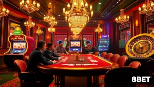 F8BET players experiencing high stakes at a luxurious poker table in an upscale casino.