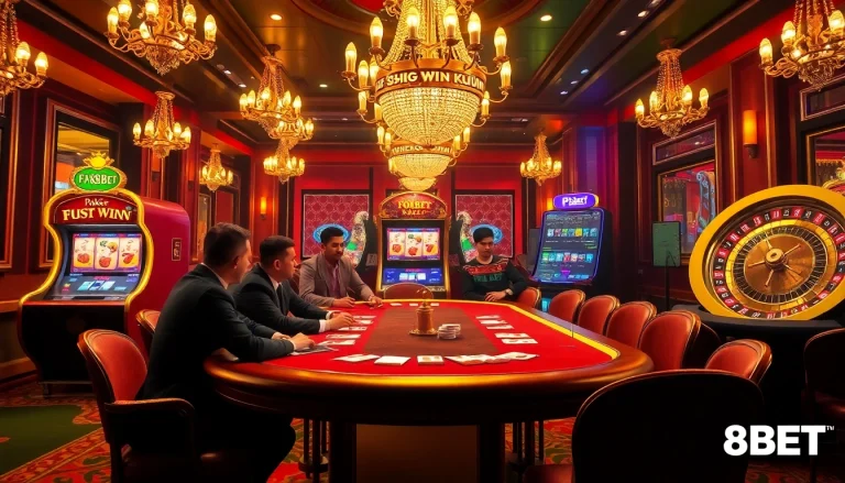 F8BET players experiencing high stakes at a luxurious poker table in an upscale casino.