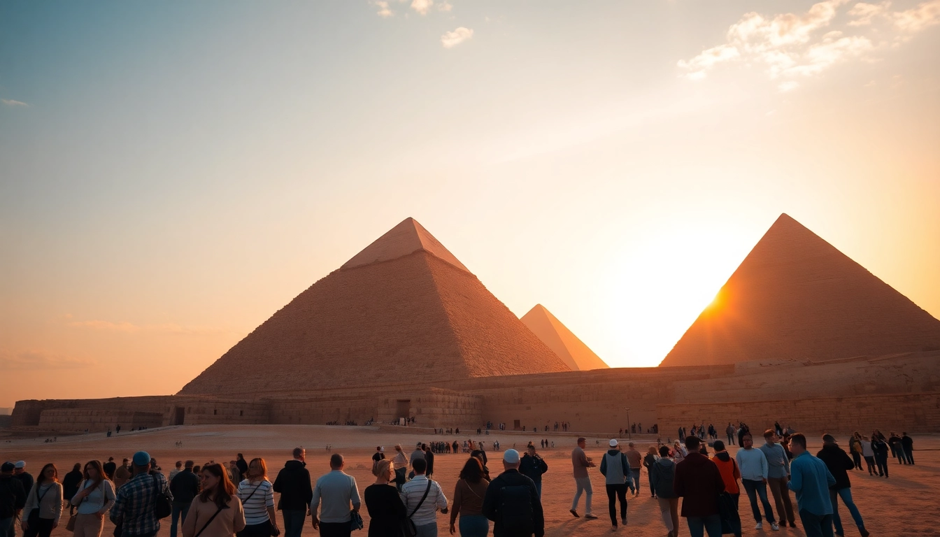 Tourists admiring the majestic piraminds of Giza under a colorful sunset.