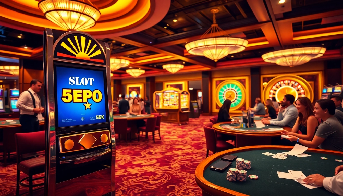 Rasakan sensasi slot Depo 5K dengan permainan kasino yang meriah, menampilkan pemain yang enerjik dan dekorasi mewah.