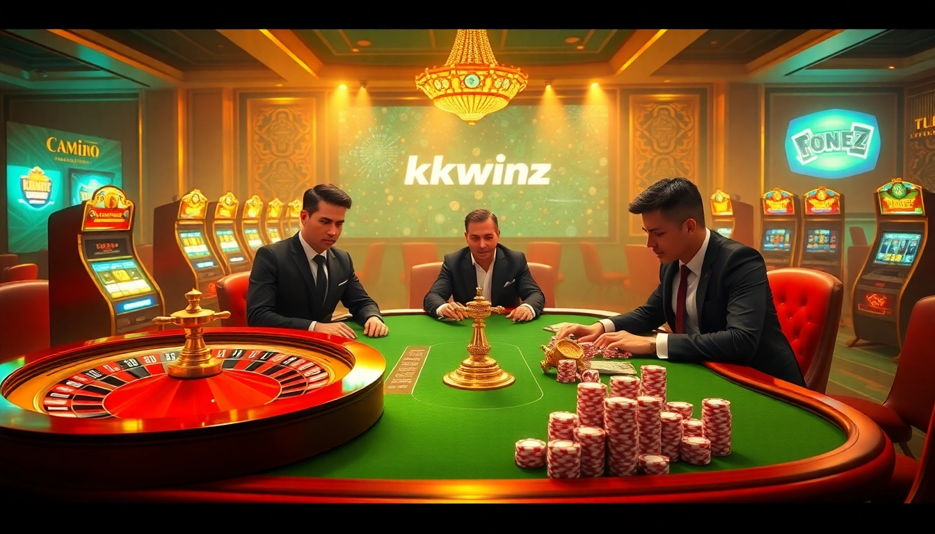 Experience the thrill of casino gambling at https://kkwinzz.com/, featuring a vibrant roulette table and poker chips.