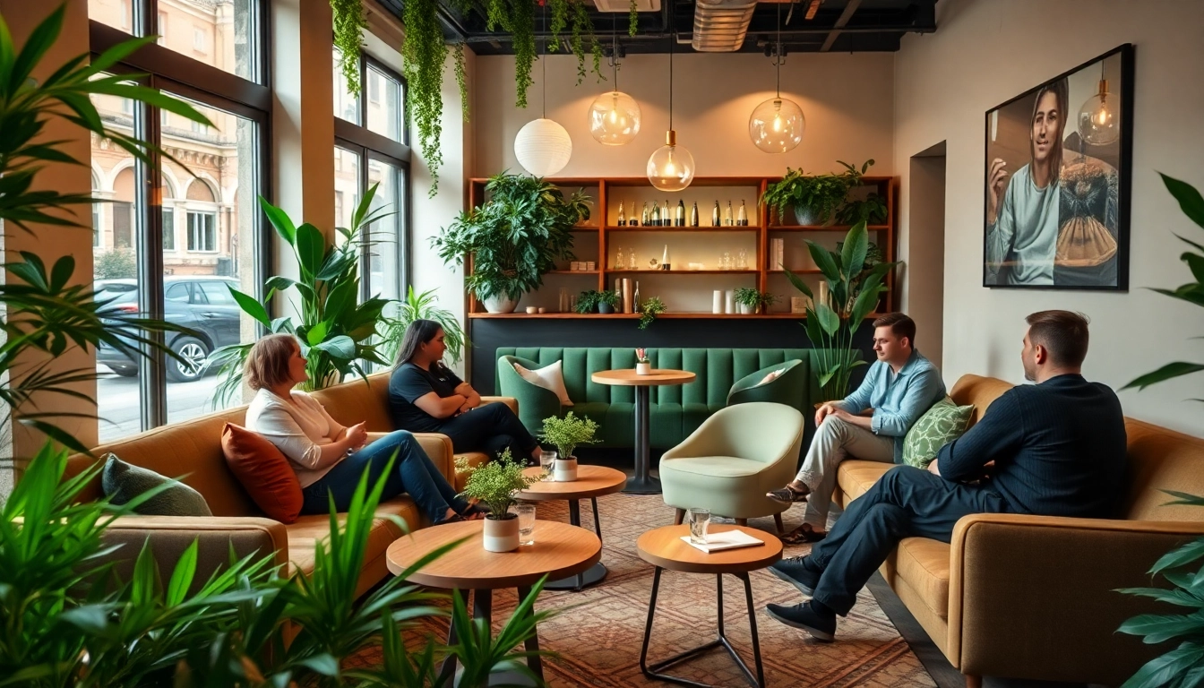 Engaged members in The Corner Cannabis Club Madrid enjoying a vibrant social atmosphere.