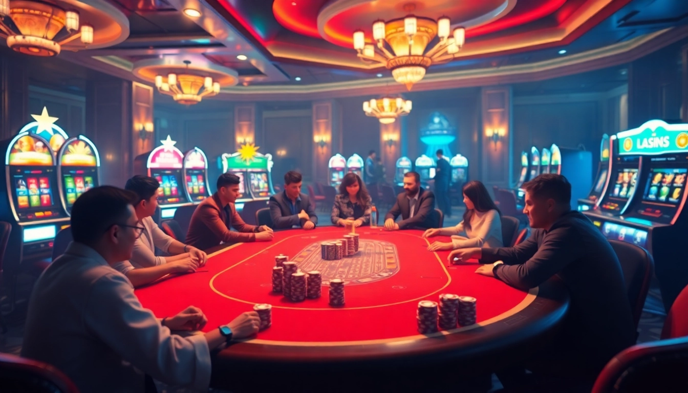 Thrilling scene of players engaging with html porn games at an upscale poker table in a vibrant online casino.