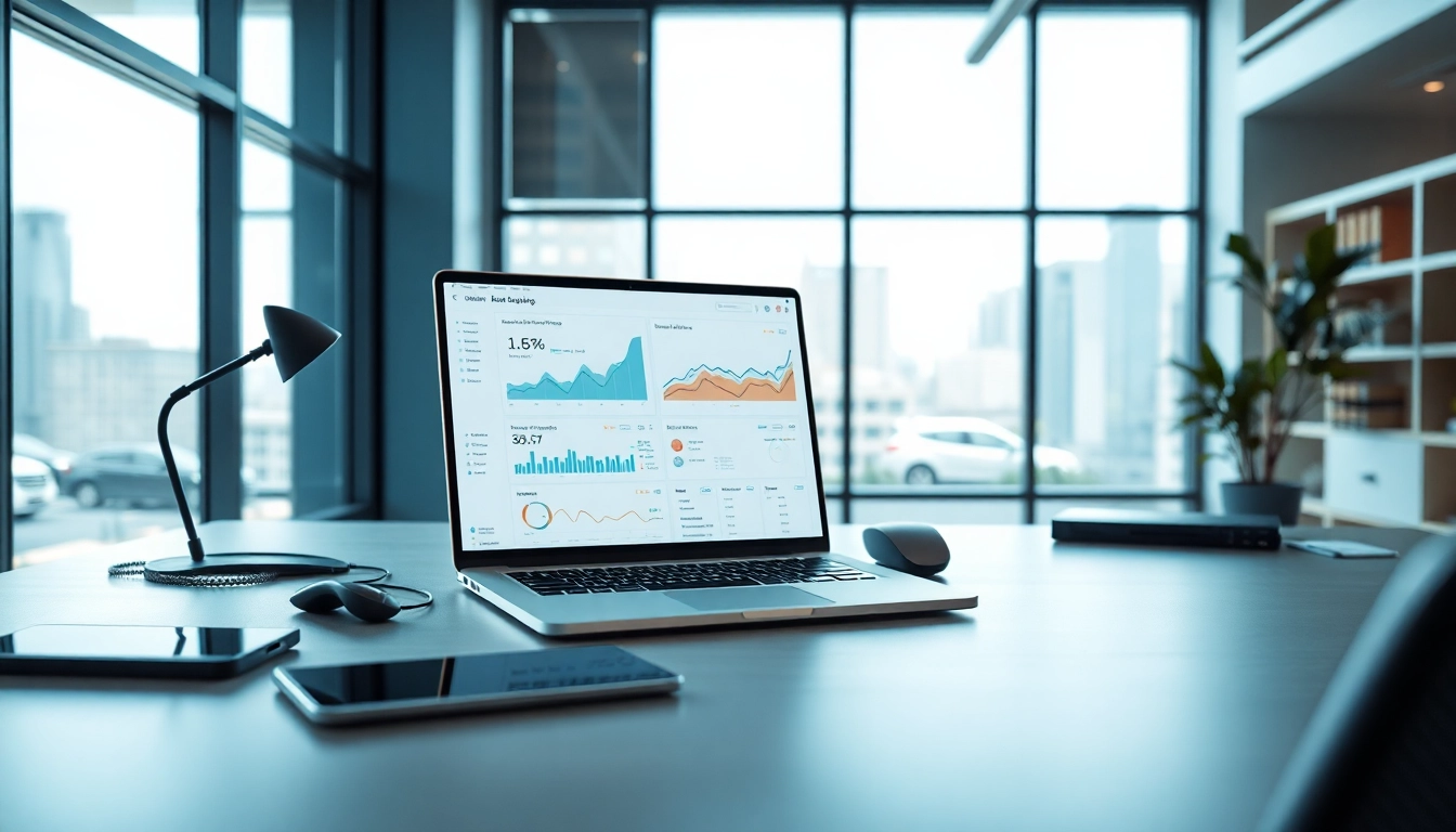 1cplatform illustration of a modern workspace with tech gadgets and data analytics.