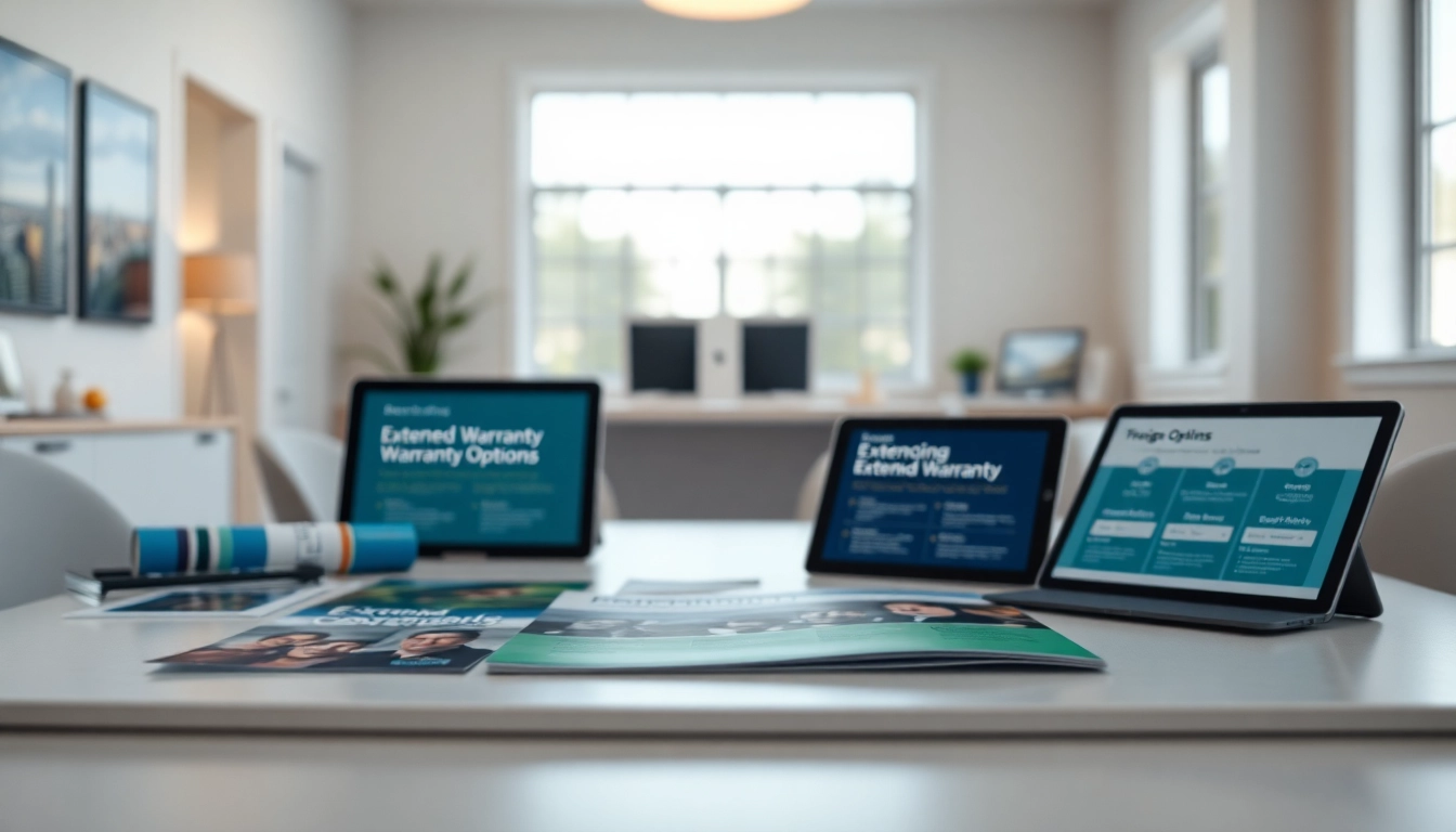 Highlight extended warranty coverage options displayed in a professional office setting with brochures.