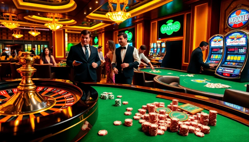 Experience the thrill of gambling at Man88 with a lively casino scene featuring poker chips and a roulette wheel.