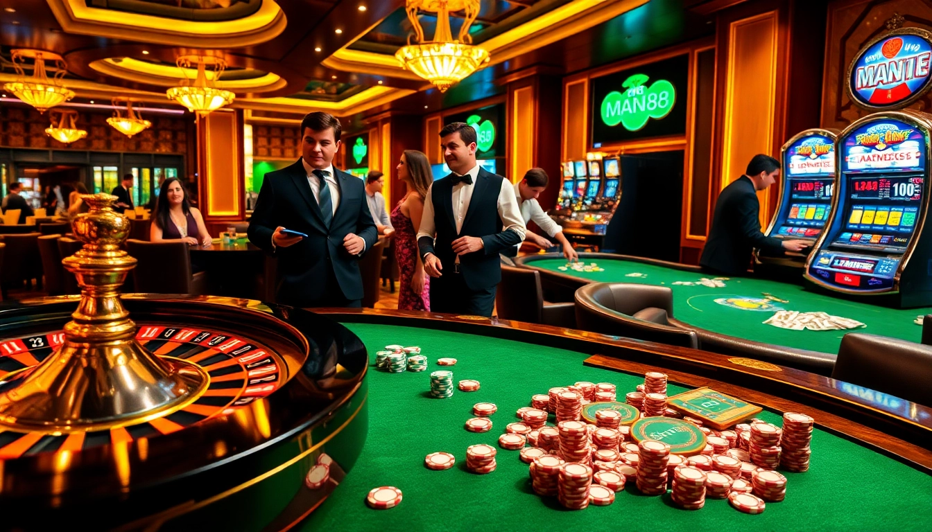 Experience the thrill of gambling at Man88 with a lively casino scene featuring poker chips and a roulette wheel.