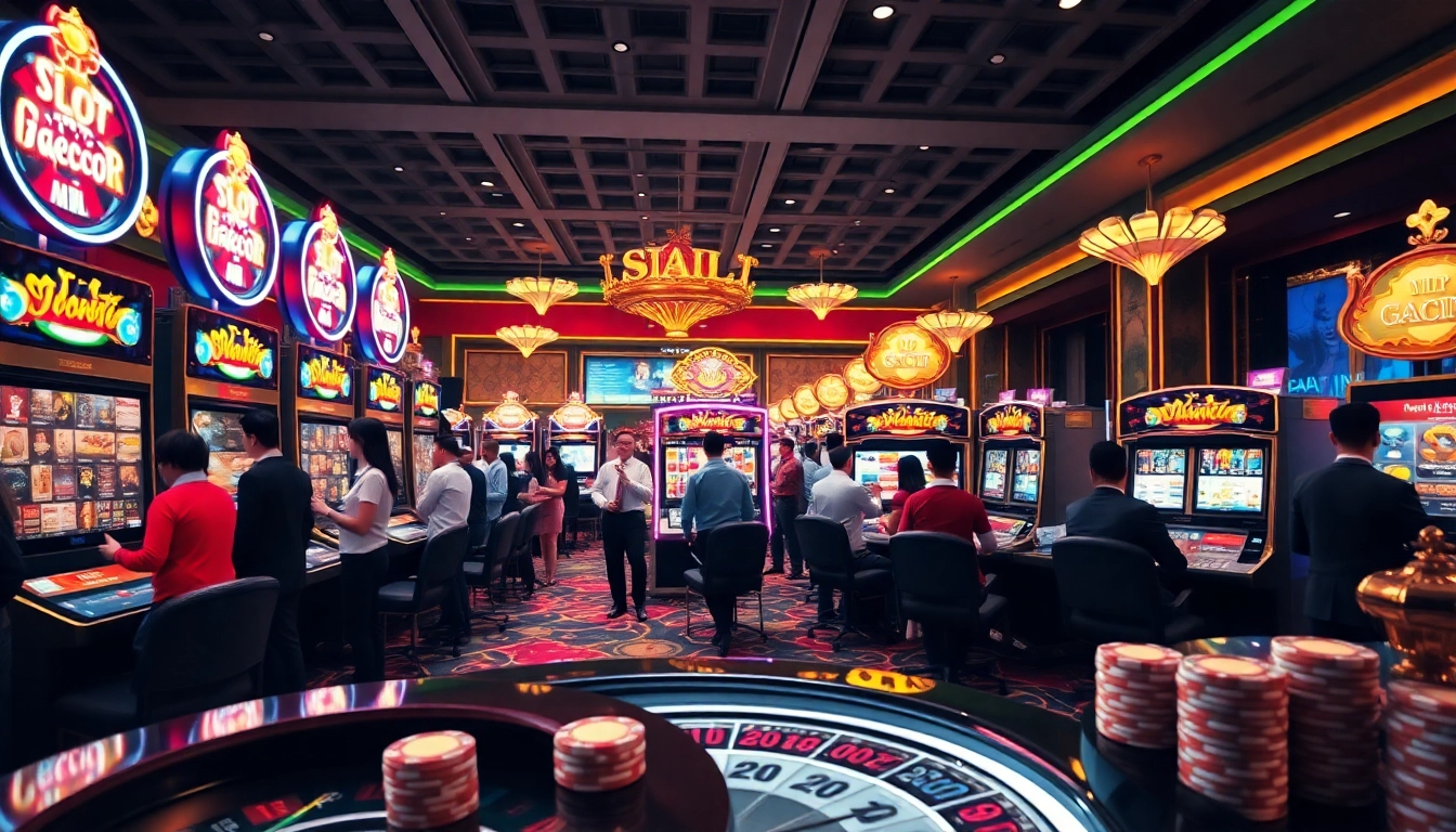 Experience thrill with "slot gacor hari ini" at a stunning casino scene full of vibrant slot machines.