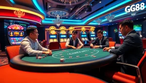 GG88 online casino scene showcasing a high-stakes poker table with vibrant slot machines and elegant lighting.