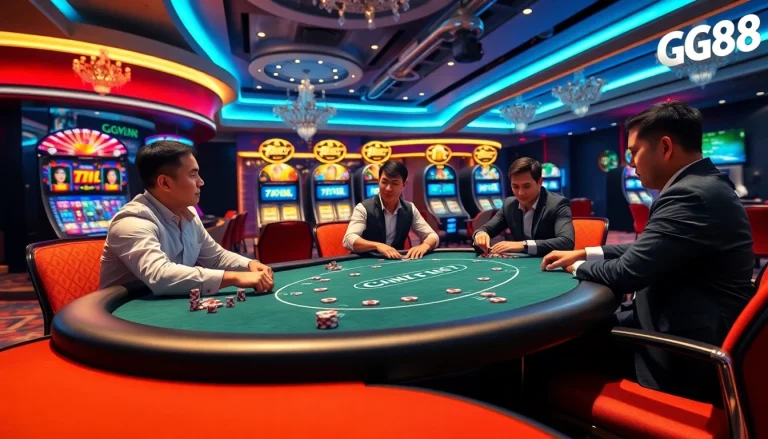 GG88 online casino scene showcasing a high-stakes poker table with vibrant slot machines and elegant lighting.